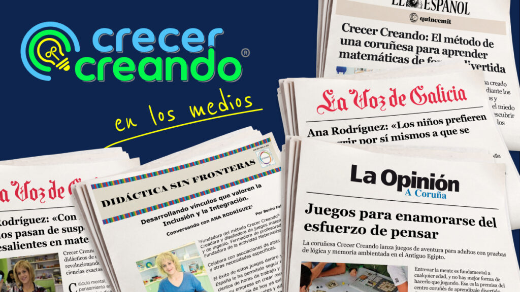 Composición con el logo de Crecer Creando y varios recortes de prensa sobre sus juegos, su método educativo y su presencia en los medios